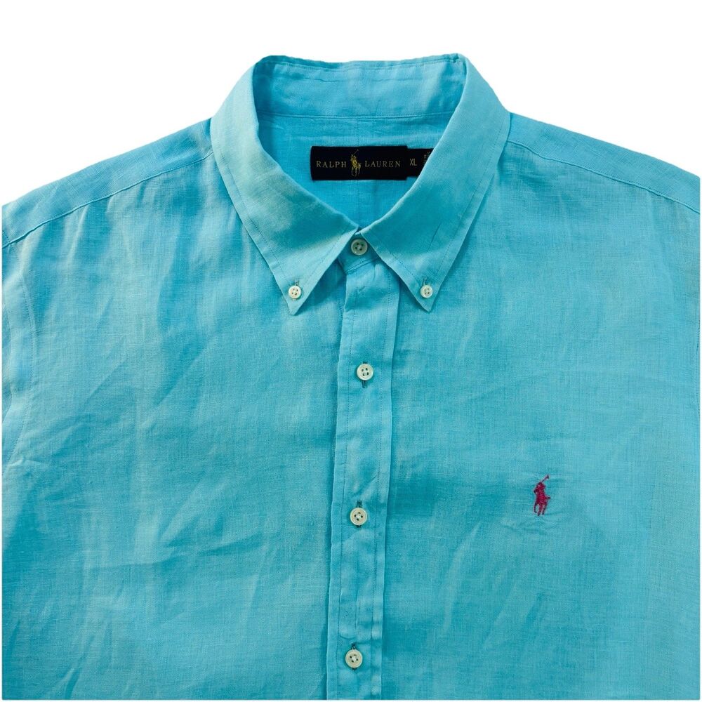 Polo Ralph Lauren Mens XL Blue 100% Linen Long Sleeve Button Up Shirt Preppy